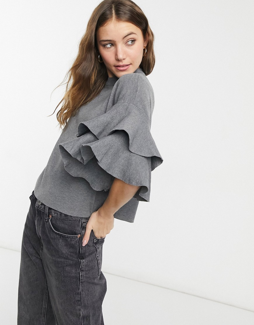 Stella Morgan Cropped Jumper With Frill Sleeve Detail-Grey