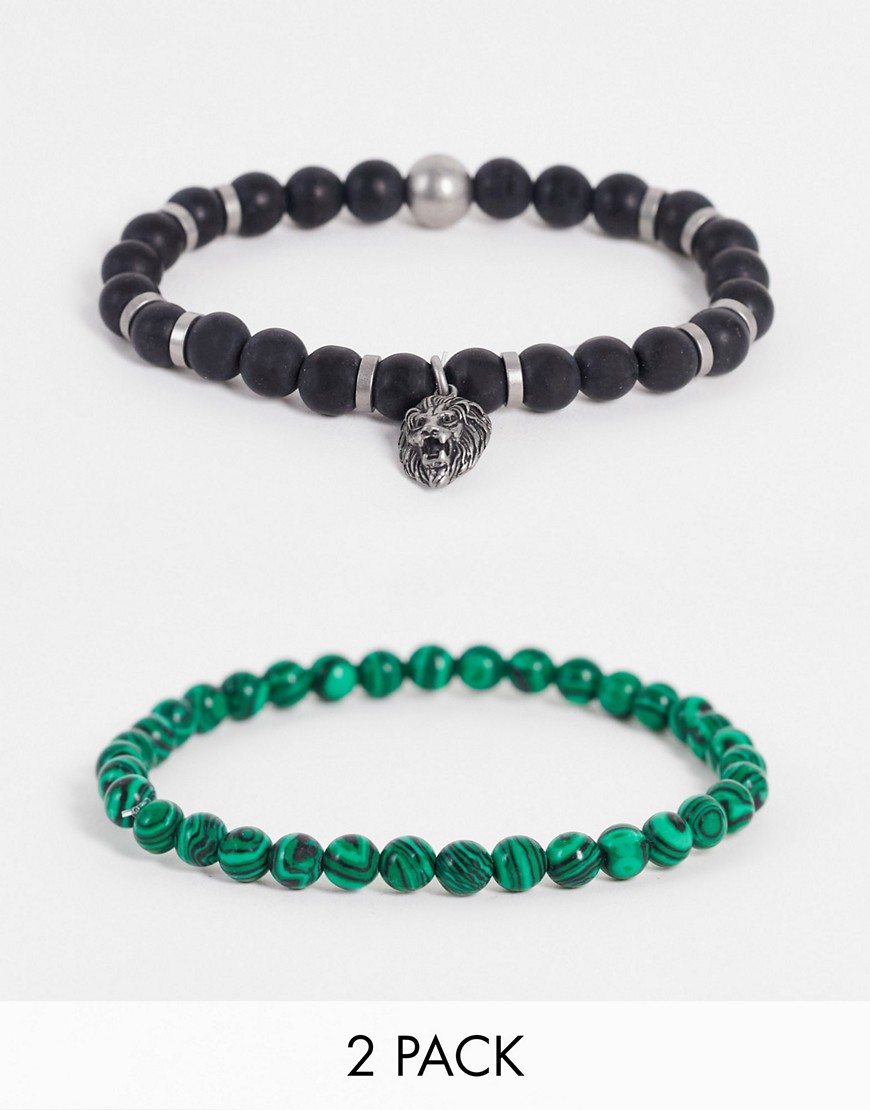 Steve Madden 2 Pack Beaded Bracelets With Lion Charm In Green And Black-Multi