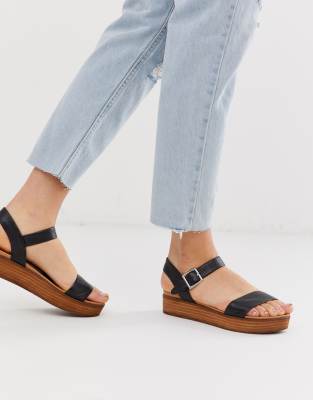 Steve Madden Aida black leather wooden flatform sandals | ASOS