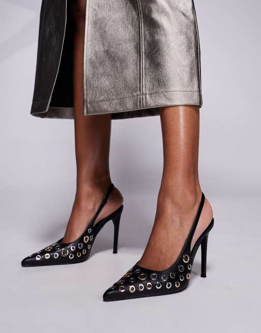 Steve Madden – Alchemy – Czarne buty na obcasie z metalowymi oczkami i paskiem za piętą