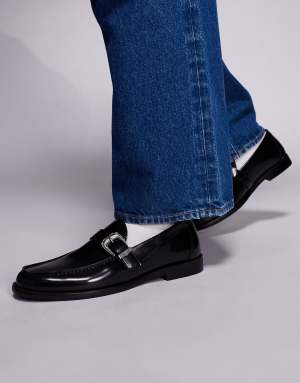 Steve Madden Alcona buckle detail penny loafers in leather black