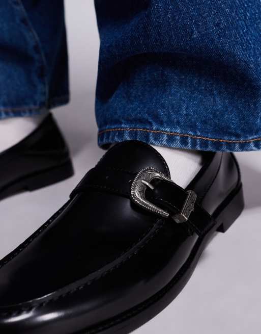 Steve Madden Alcona buckle detail penny loafers in leather black, 3 of 4