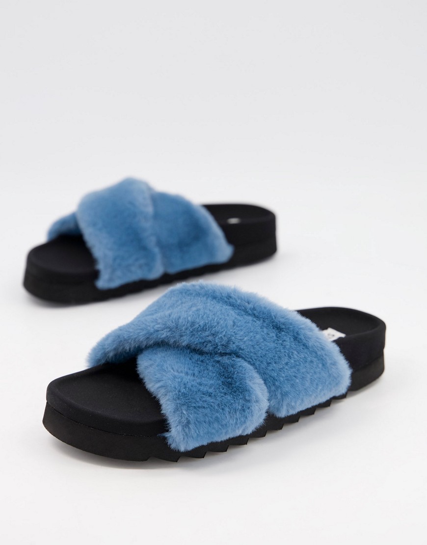 Steve Madden Amari fluffy slide slippers with crossover in blue-Blues