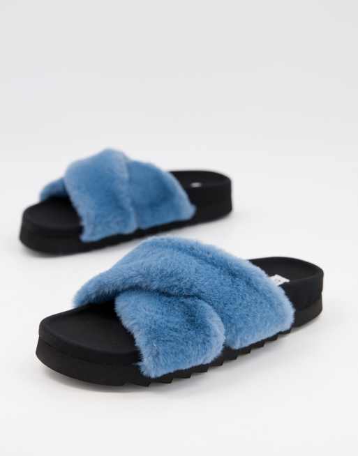 Steve Madden Amari fluffy slide slippers with crossover in blue