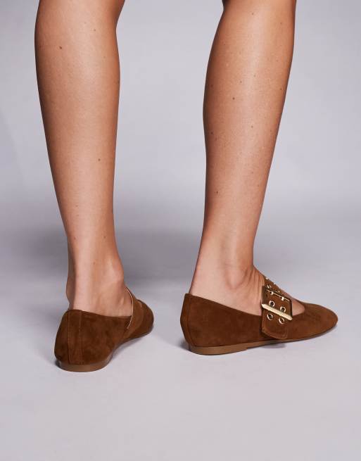 Steve Madden Atlantica buckle detail ballet flats in suede chesnut, 3 of 4