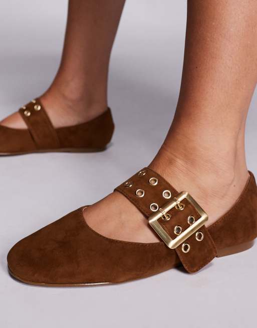 Steve Madden Atlantica buckle detail ballet flats in suede chesnut, 4 of 4