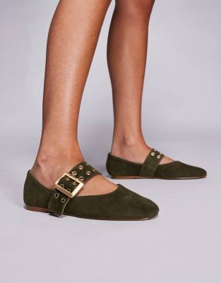 Steve Madden Steve Madden Atlantica buckle detail ballet flats in suede olive-Green
