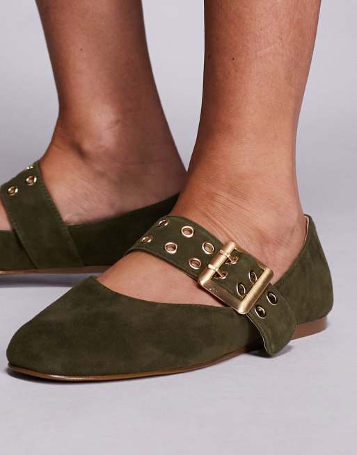 Steve Madden Atlantica buckle detail ballet flats in suede olive, 3 of 4