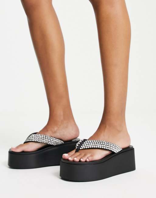 Black wedge flip flops with rhinestones hot sale