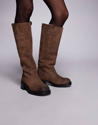  Banner contrast knee boot in leather taupe brown