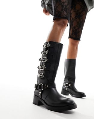 Steve Madden Battle leather biker boots in black with multi buckles - ASOS Price Checker