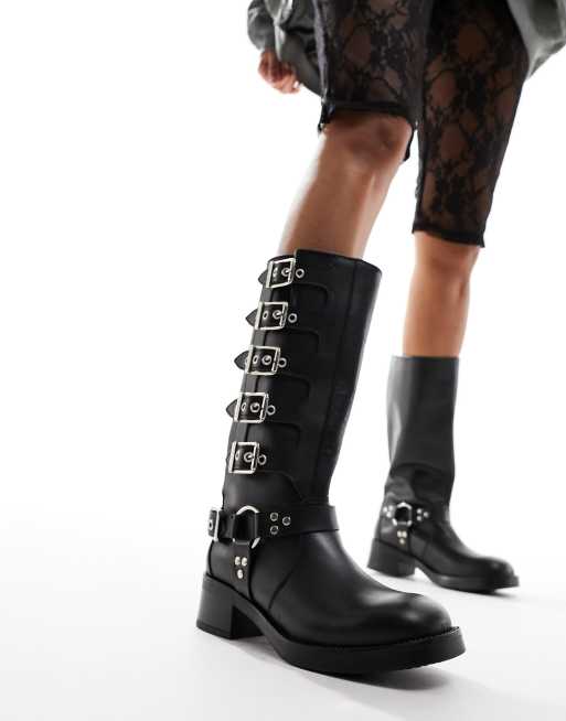 Steve Madden Battle leather biker boots in black with multi