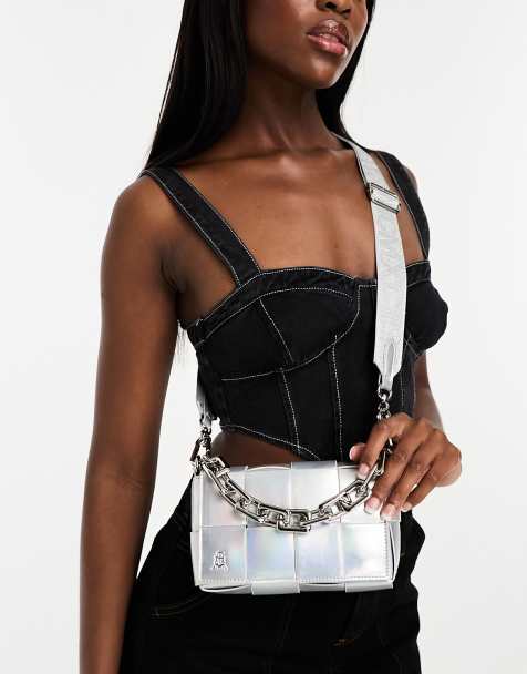 Small Leather Bag in SILVER .cross Body Bag, Shoulder Bag