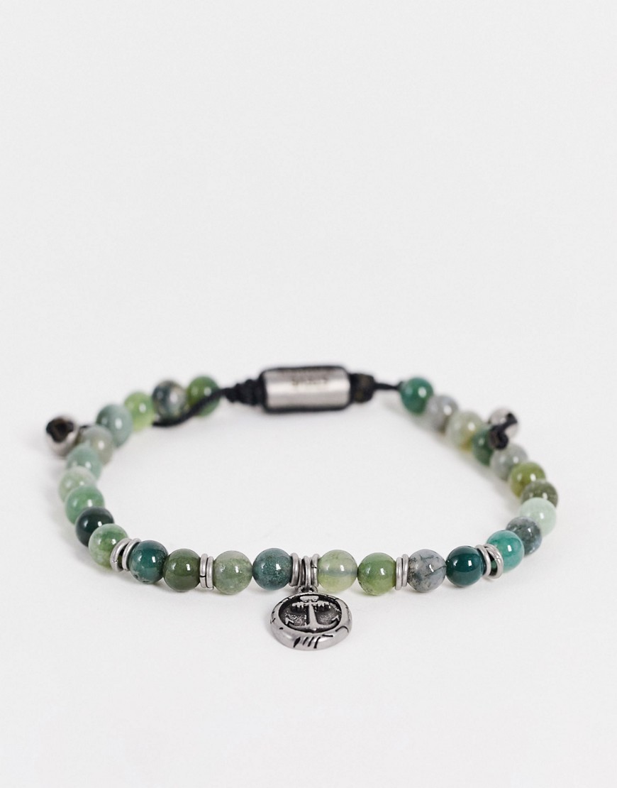 Steve Madden Bead Bracelet With Anchor Charm In Green Tone-Silver