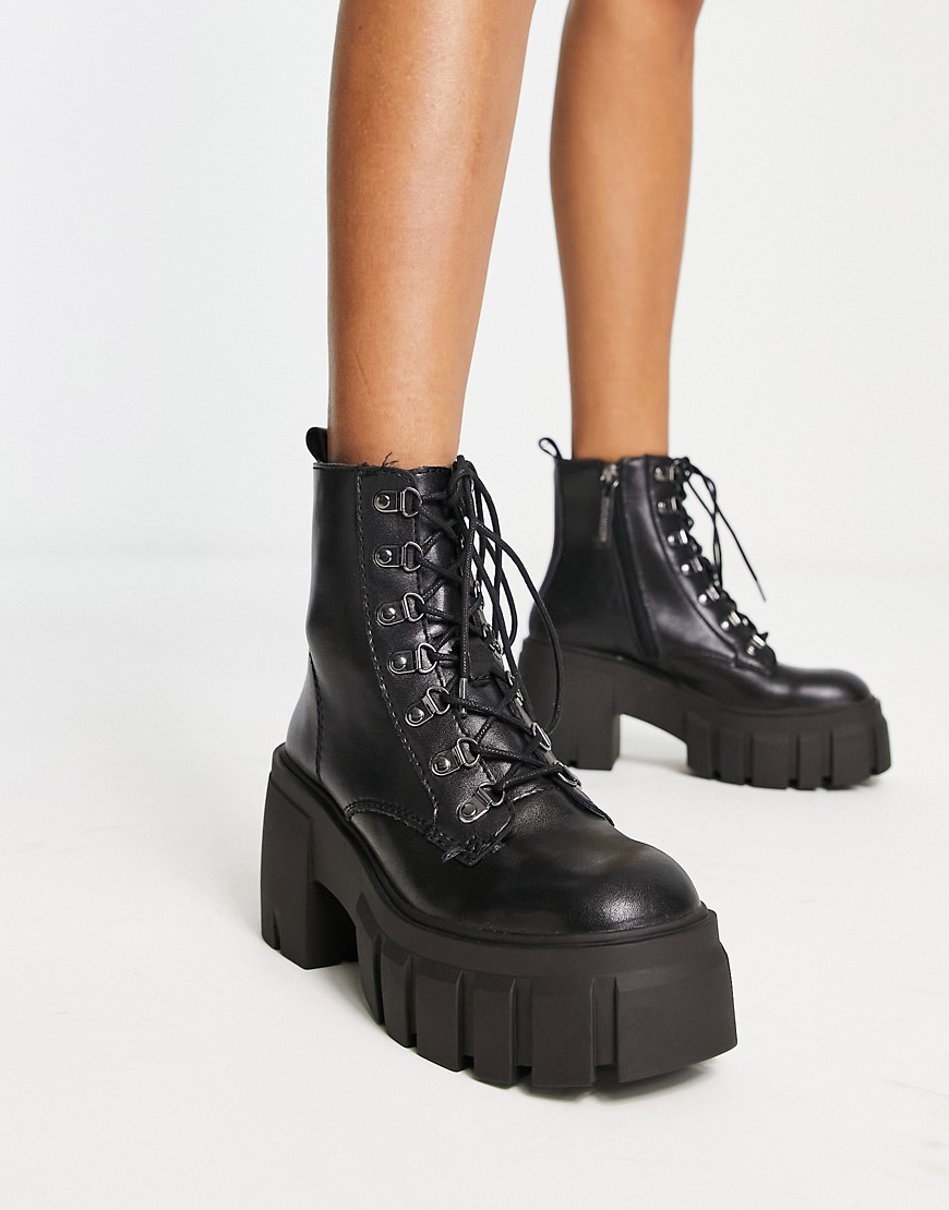Steve Madden Bewilder lace front chunky heeled boots in black leather
