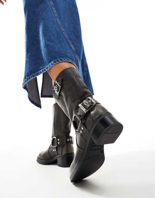 Steve Madden Blessing pull on biker boots grey distressed leather ASOS