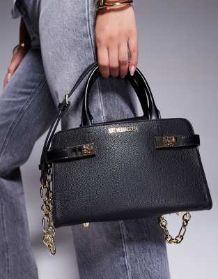 Steve Madden - Blinden - Borsa shopping piccola strutturata nera con manico superiore e parti metalliche dorate 