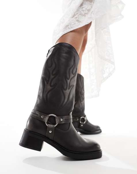 Steve Madden Bloom leather pull on biker knee boots in grey - view 1