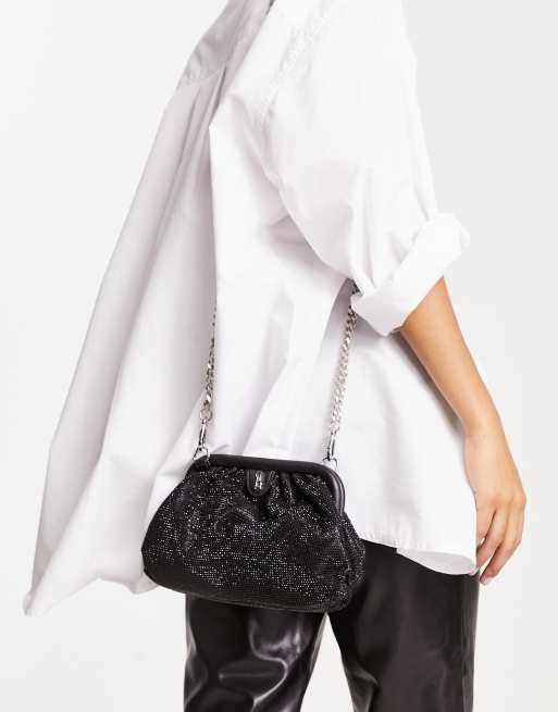 Black Leather-Look Chain Strap Clutch Bag