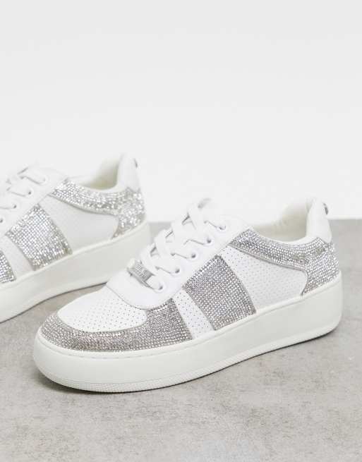 Steve Madden braden rhinestone side stripe trainers in white | ASOS