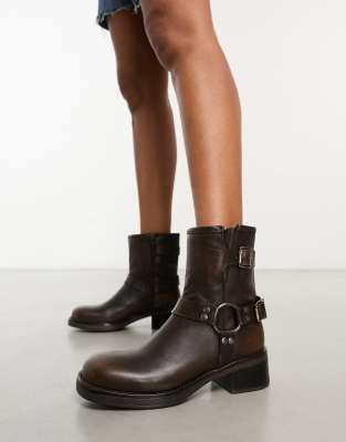 Brixton low ankle biker boots with hardware in brown