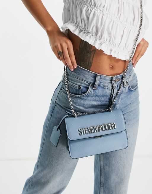 Steve Madden Bstakes chain logo cross body bag in light blue