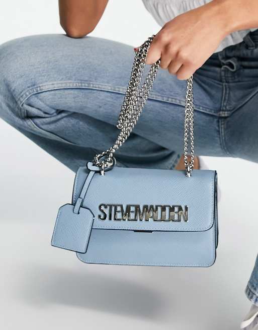 Steve Madden Bstakes chain logo cross body bag in light blue