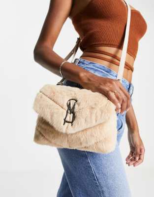 Steve Madden Btoy small quilted cross body bag in taupe faux fur