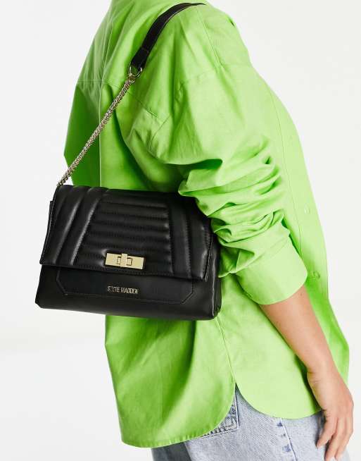 Steve Madden buckle opening tote bag with chain detail in black