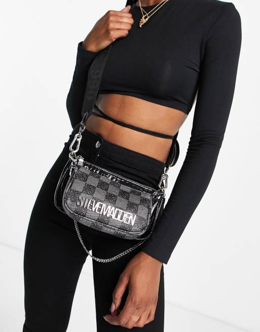 Steve Madden - Burgentl - Borsa a tracolla nera con monogramma e catenina