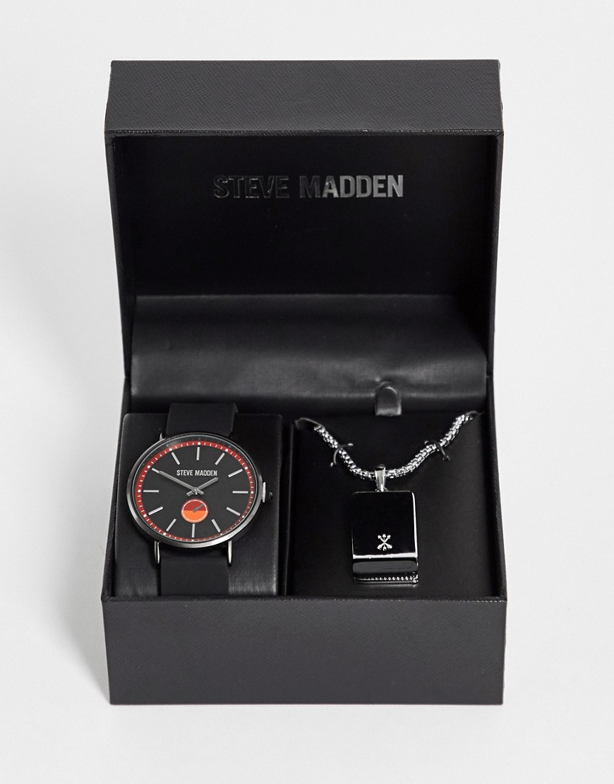 Steve Madden - Cadeauset met horloge en ketting in zwart, rood en zilver-Meerkleurig