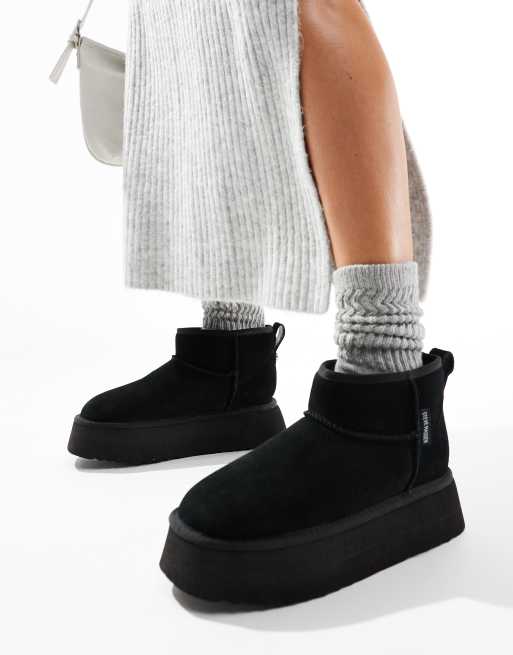 Steve Madden chaplin real suede faux fur lined flatform boots in black ASOS