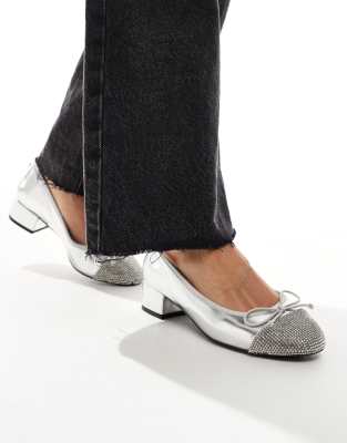 Steve Madden Cherish-R embellished toe cap block heel ballerina shoes in silver metallic