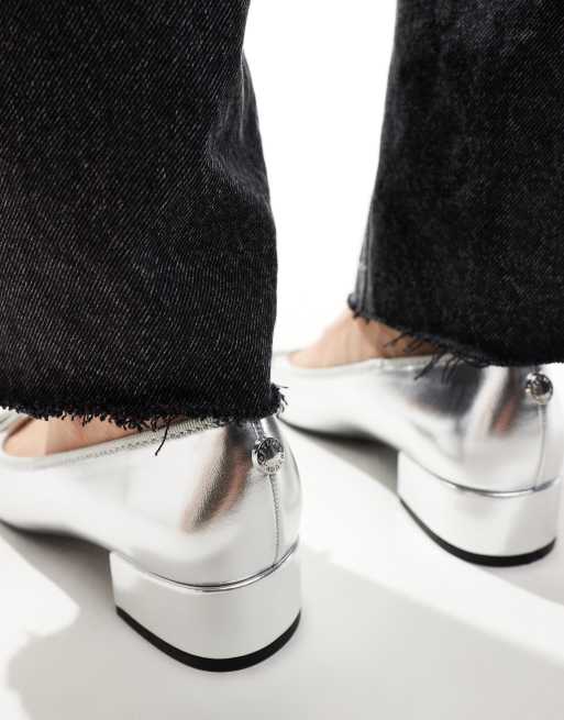Steve Madden Cherish R embellished toe cap block heel ballerina shoes in silver metallic