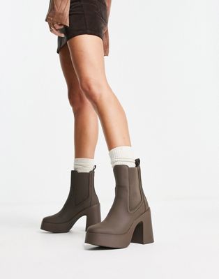 Steve Madden Climate heeled elastic side boots in dark taupe PU   - ASOS Price Checker