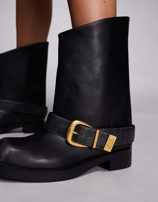 Steve Madden Climaxx buckle detail square toe leather boot in distressed black, 3 of 4