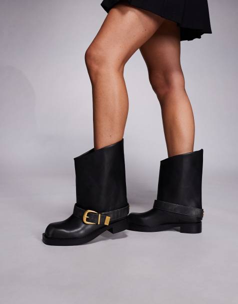 Steve Madden Climaxx buckle detail square toe leather boots in distressed black - view 1