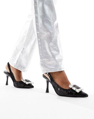 Steve Madden Closeup-S sequin slingback heeled shoe with embellished buckle  in black