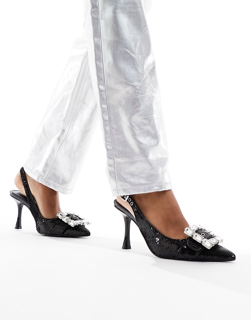 Steve Madden Closeup-S sequin slingback heeled shoe with embellished buckle in black