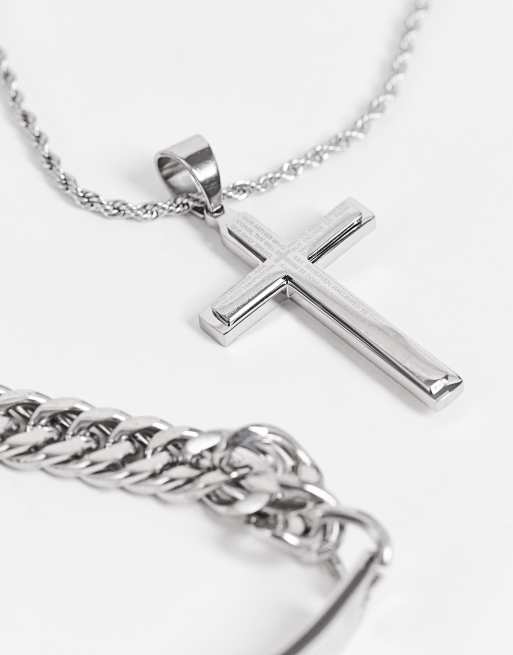 Steve Madden - Coffret cadeau avec collier et pendentif croix et bracelet à maillons - Argenté, 3 de 4
