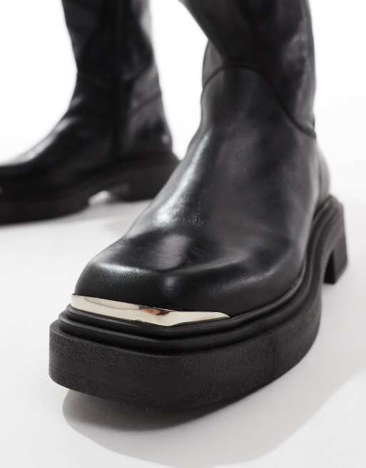 Bottes Genouillères Steve Madden A-Yasmin En Cuir Noir - Taille US 7, Talon Haut, Neuf Sans Emballage