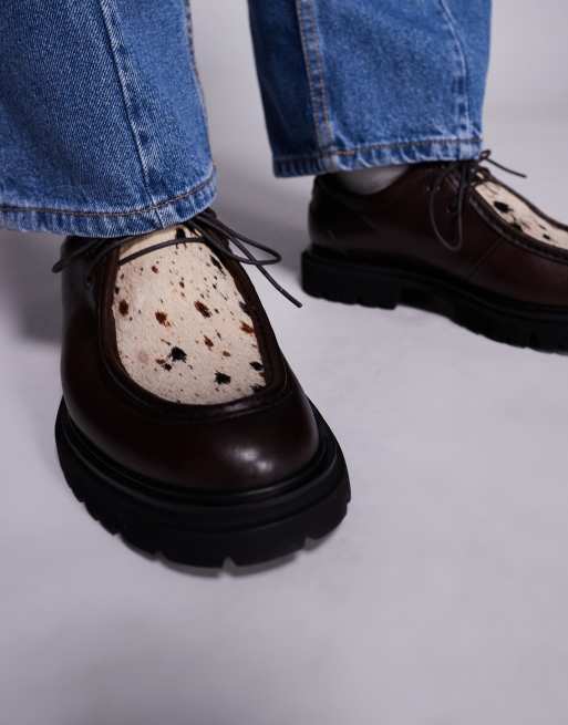 Steve Madden cow print detail chunky lace up loafers in black ASOS