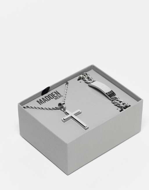 Steve Madden cross necklace and link bracelet gift set in silver ASOS