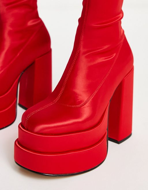 Steve Madden Cypress knee boots in stretch red satin | ASOS