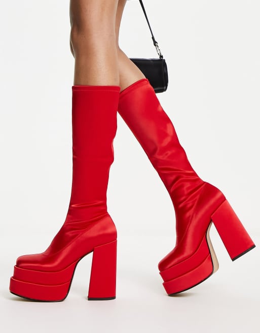 Steve Madden - Cypress - Knielaarzen van satijn met stretch in rood, 4 van 4