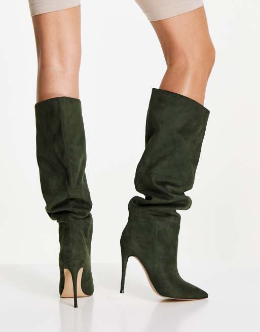 Steve Madden Dakota slouchy stiletto heeled boots in olive microsuede