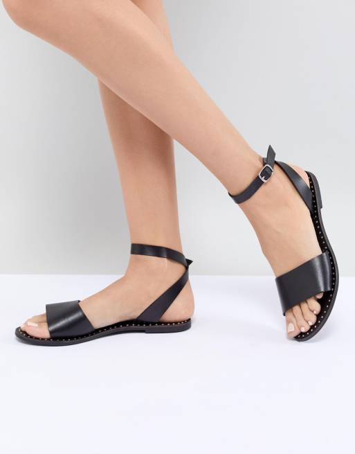 Steve Madden Danny Black Leather Flat Sandals | ASOS