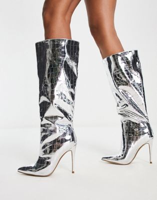 Steve Madden Dignify heeled boots in silver croc - ASOS Price Checker