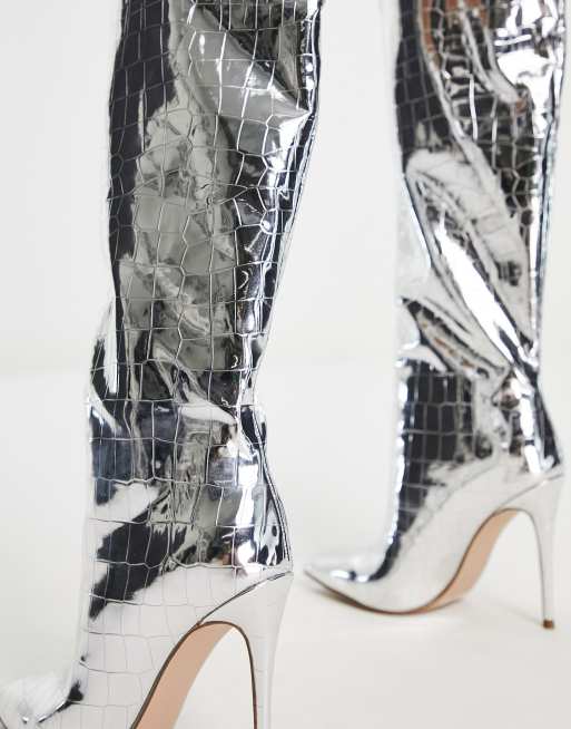 Steve Madden - Dignify - Laarzen met hak in zilver met krokodillenmotief, 3 van 4