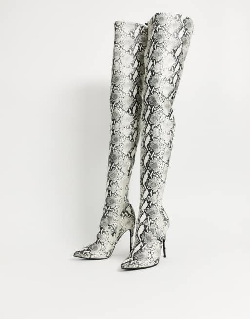 Black and white outlet snakeskin thigh high boots